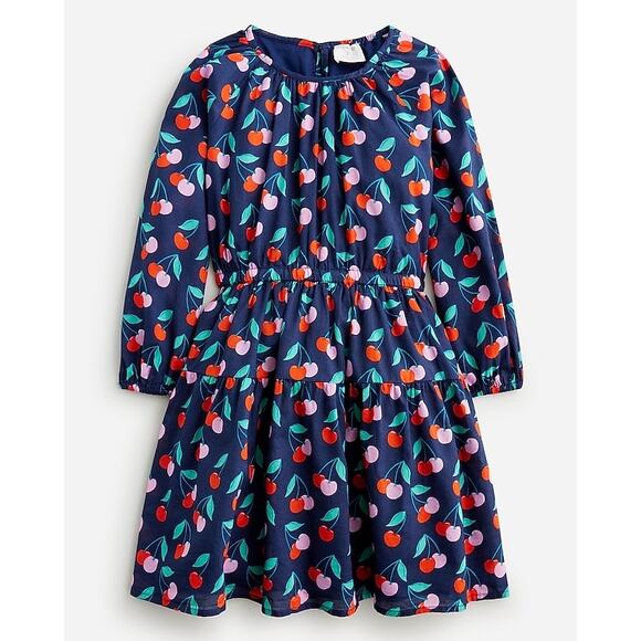 NWT Crewcuts Cherry Print Dress Girl’s 12 Navy Tiered Cotton Long Sleeve Cute - Picture 1 of 12